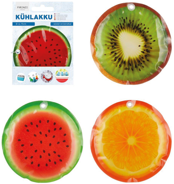 Kühlakku Früchte, 3/s, ca. 15cmD PE/Glycerin/Wasser, Kiwi,
