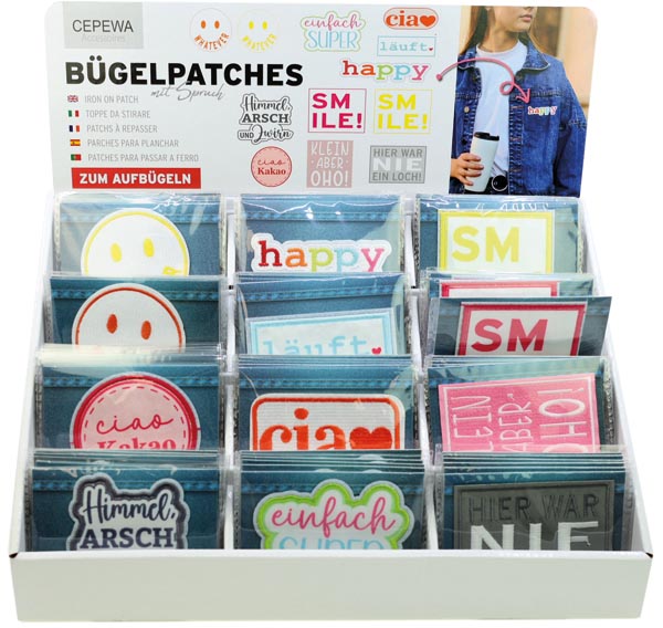 Bügelpatches Design 12/s Stufendisplay Größe der Patches :