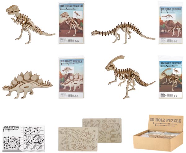 Holz Puzzle 3D 18x11cm Dinos, 4 fach sortiert im Display