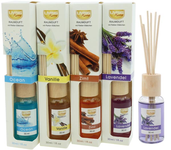 Raumduftset 30ml m. Riedgrasstäbchen, 4 sort.