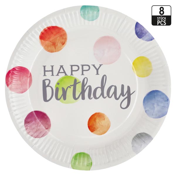 Happy Birthday Pappteller Punkte, 8er Set!, ca. 23cmD Papier